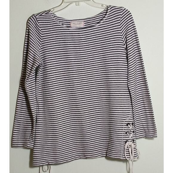 Max Studio Weekend Nautical Top Women's Size S Black White Striped Long Sleeve - Picture 8 of 12